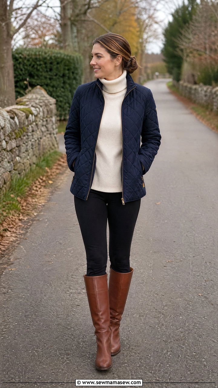 Quilted jacket with leggings and tall boots - 35 Stealth wealth outfit ideas