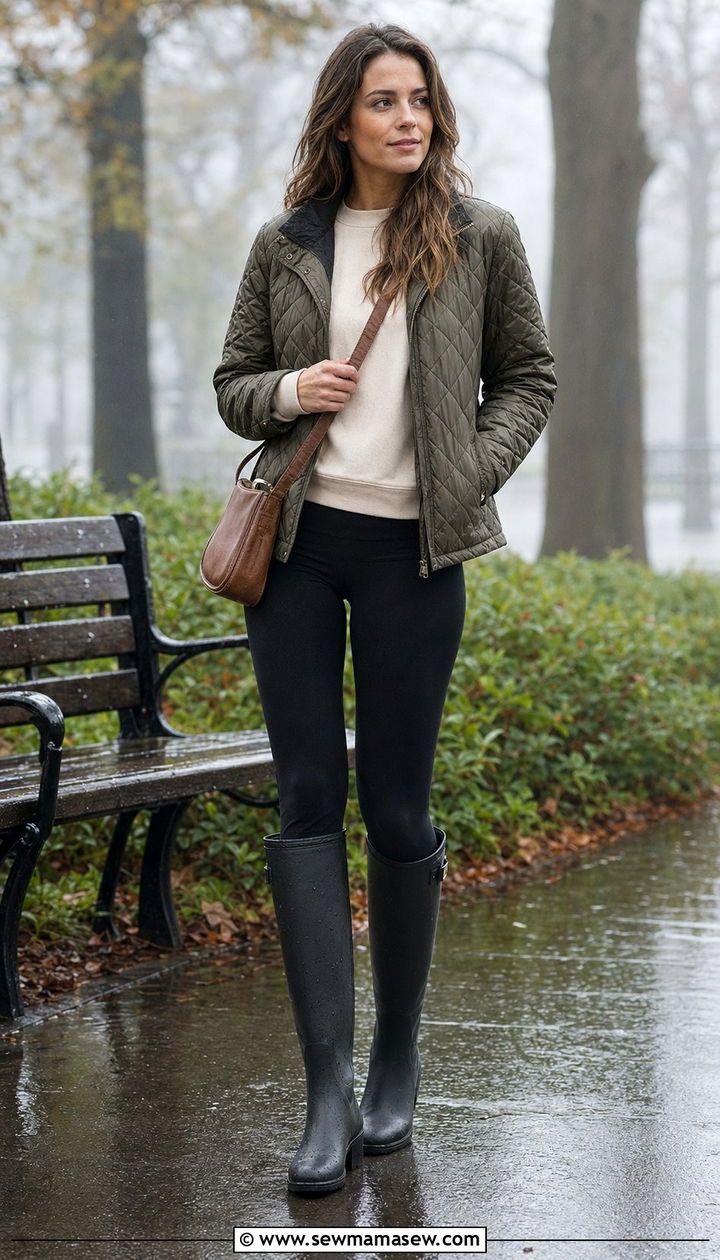 Quilted jacket with leggings and tall rain boots - 35 rainy day outfits for women