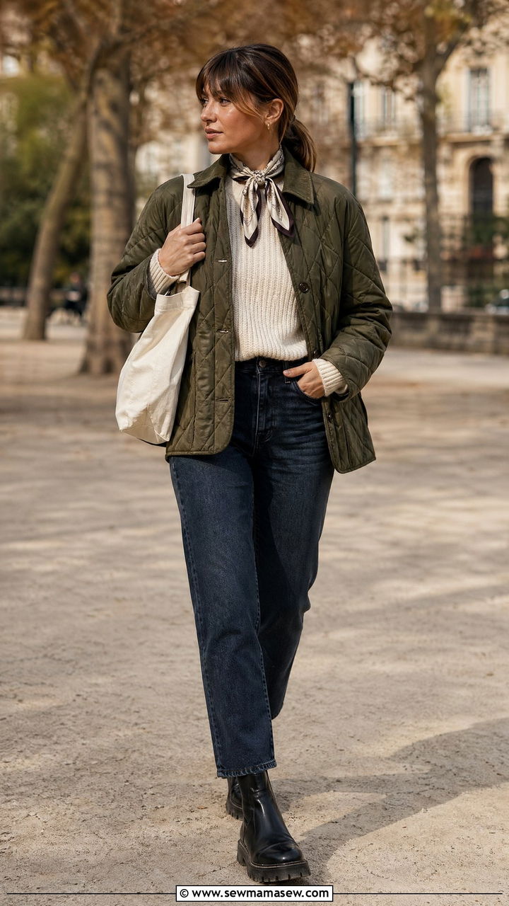 Quilted jacket with straight leg jeans and lug sole boots - 35 transitional french girl outfit ideas
