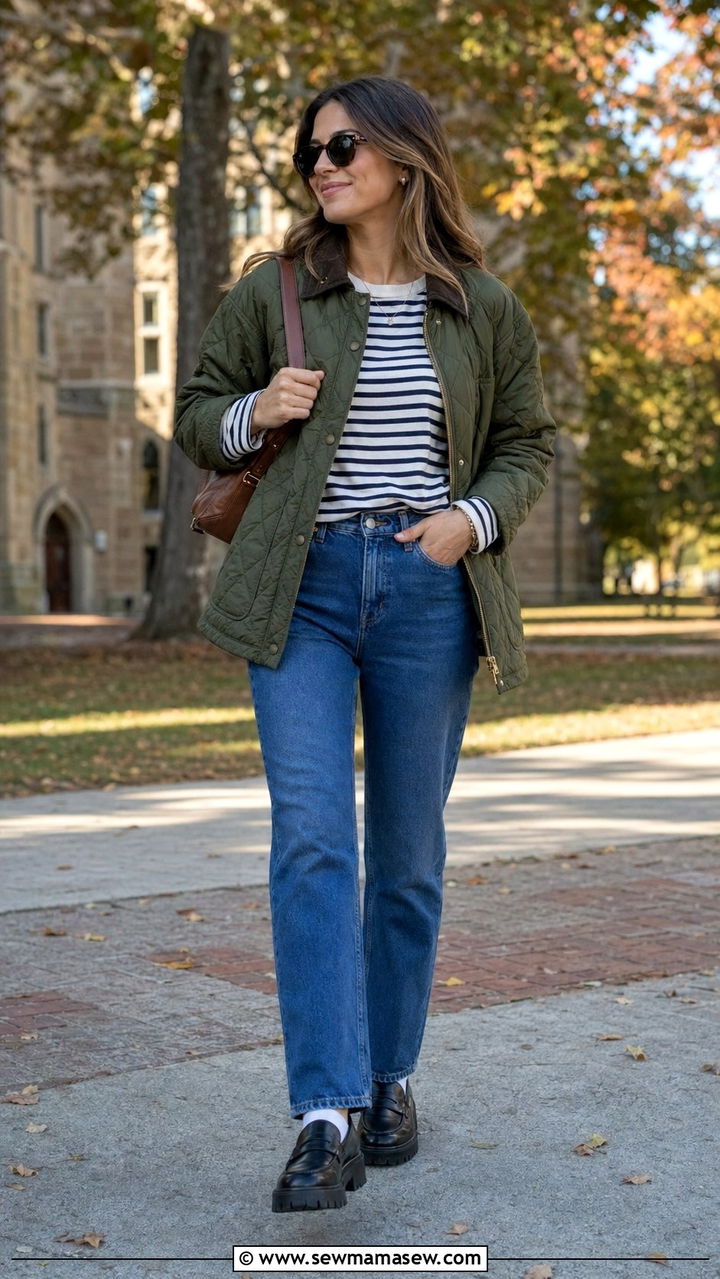Quilted jacket with straight leg jeans outfit - 30 back to school outfits for women