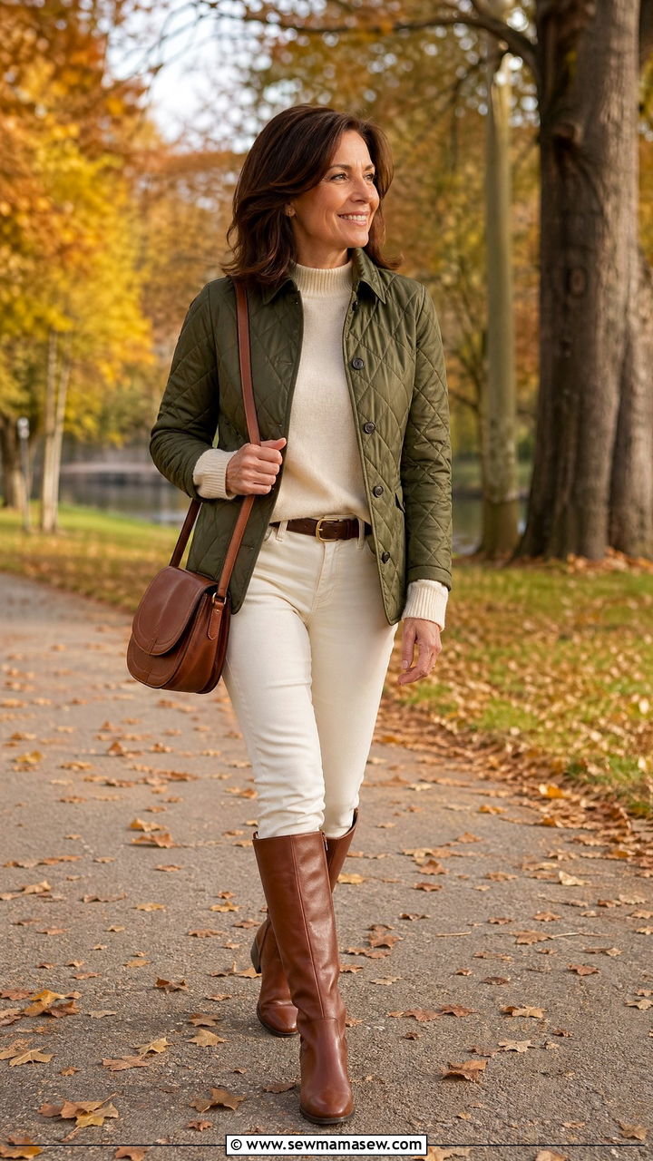 Quilted olive jacket with cream jeans - 35 Classy outfit ideas for women over 40