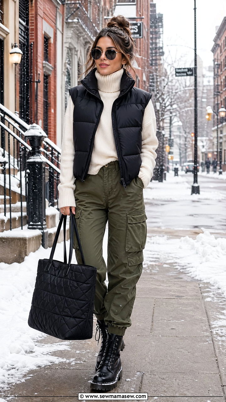 Quilted tote with a puffer vest - 35 Tote bag outfit ideas