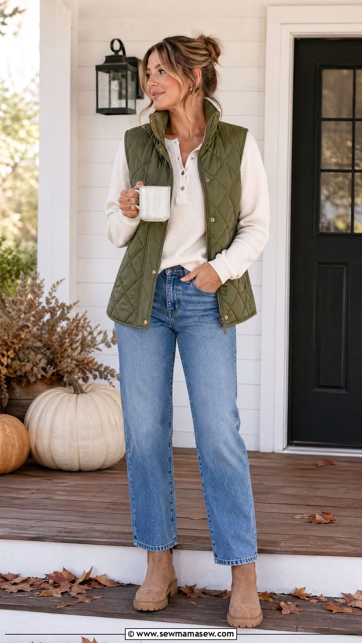 Quilted vest and jeans outfit - 35 Work from home outfits for moms