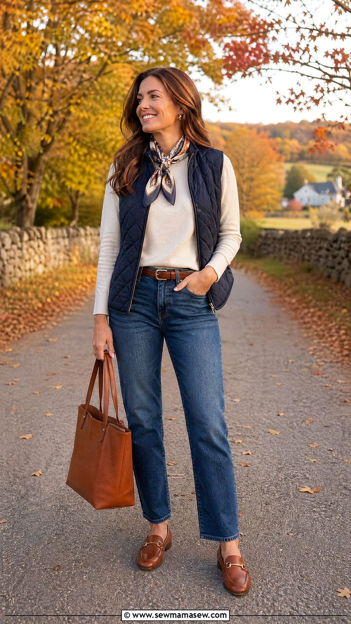 Quilted vest and long sleeve tee with jeans outfit - 35 Comfy outfits for moms