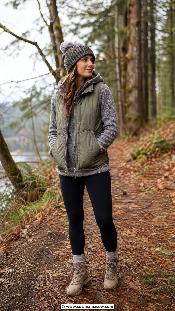 Quilted vest over a hoodie with leggings and hiking boots - 35 Transitional wardrobe ideas