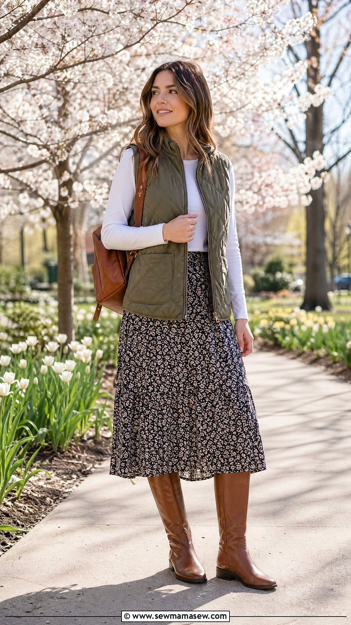 Quilted vest with long sleeve tee and midi skirt - 35 transitional outfits for women