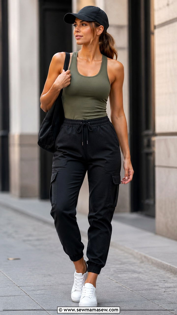 Racerback Performance Tank With Cargo Joggers And Baseball Cap - 30 sporty chic capsule wardrobe outfits