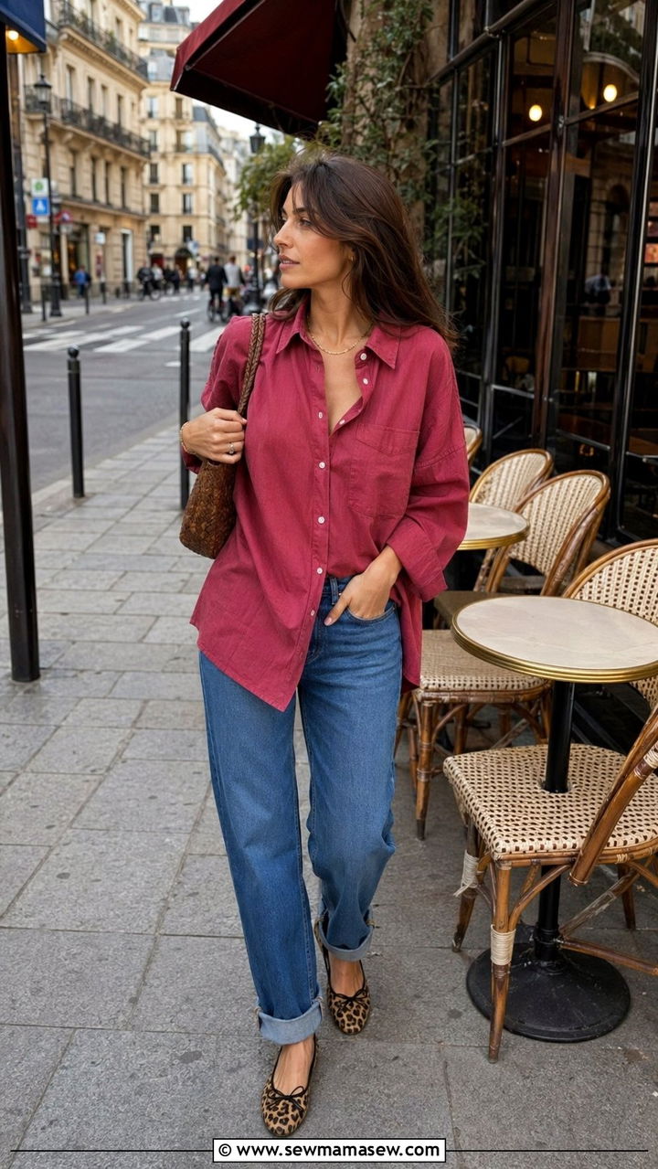 Raspberry Button Down With Cuffed Denim and Leopard Flats - 35 Parisian outfits 2026