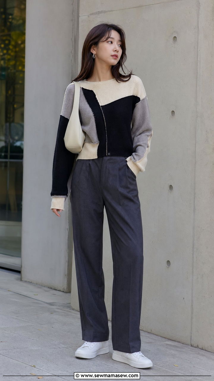 Reconstructed knit sweater with straight leg pants - 35 Seoul vacation outfit ideas