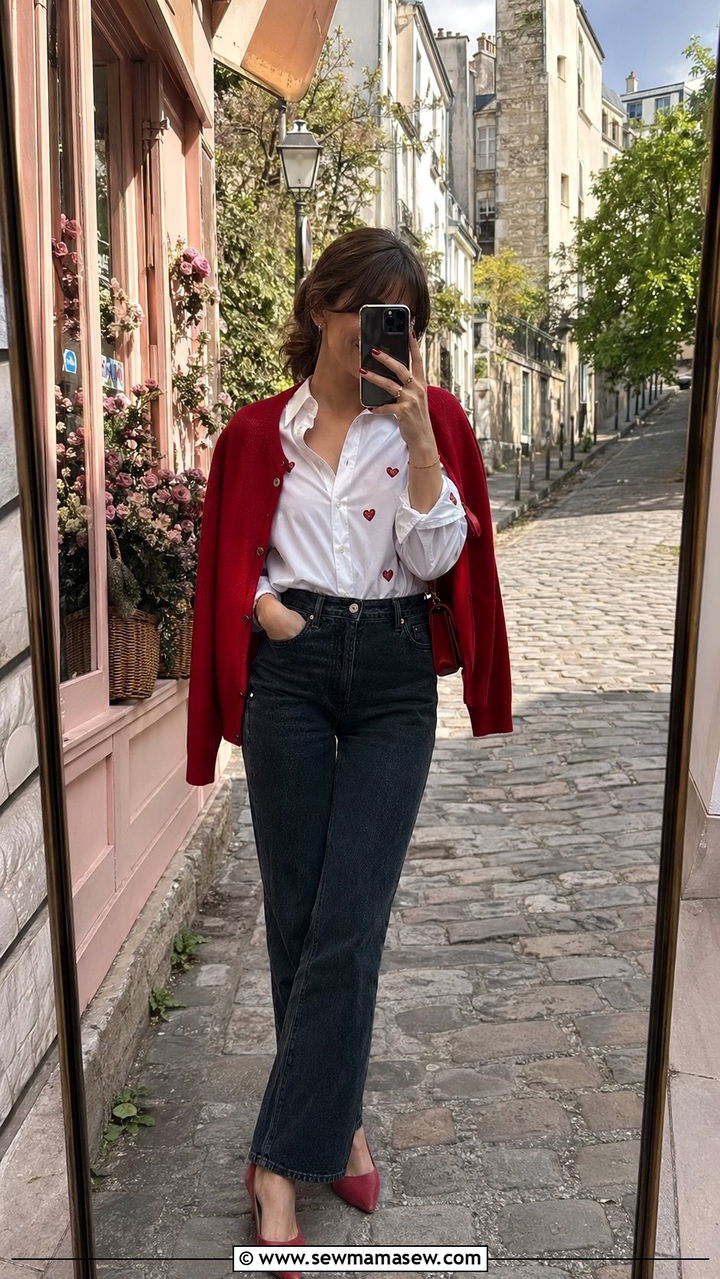 Red Cardigan with Heart Print Shirt and High Waist Jeans - 35 Paris outfits ideas