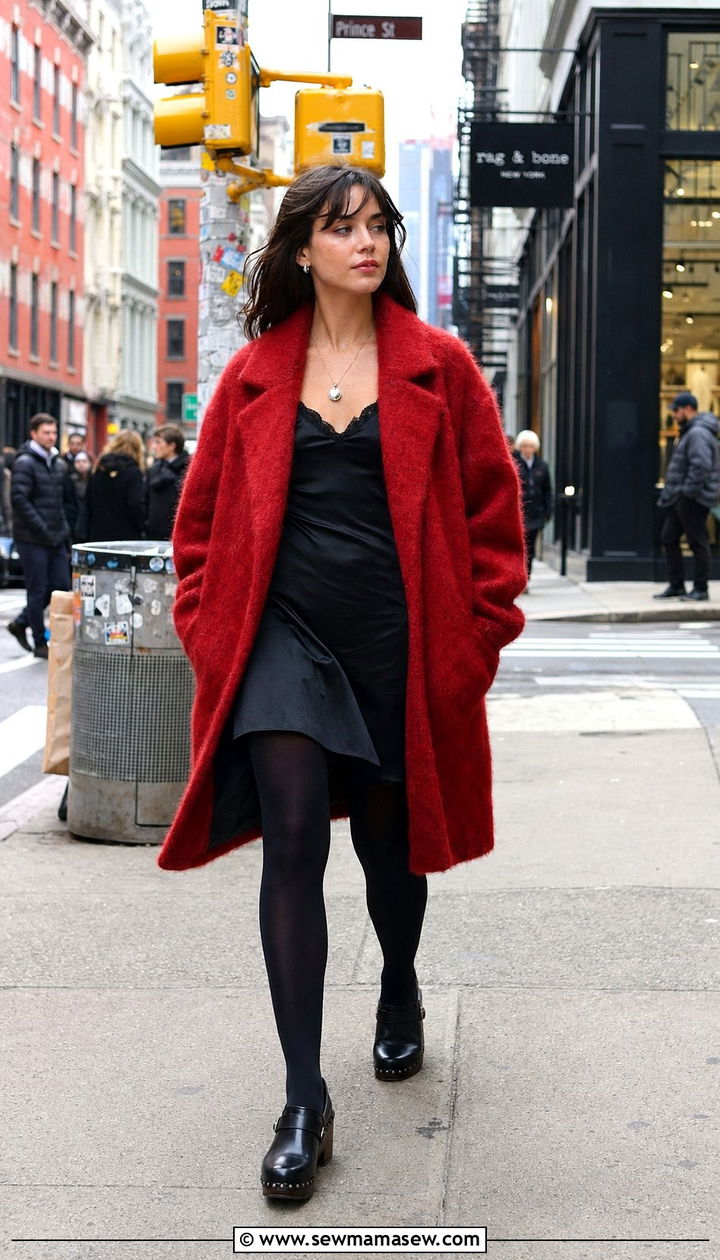 Red Coat and Black Tights - 30 40 degree weather outfits