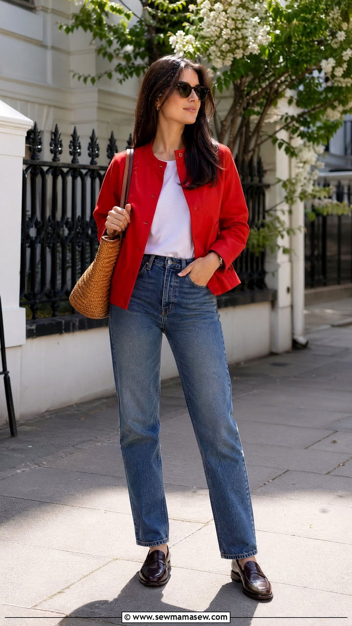 Red Jacket with Straight Leg Jeans and Loafers - 35 straight leg jeans outfit ideas for women