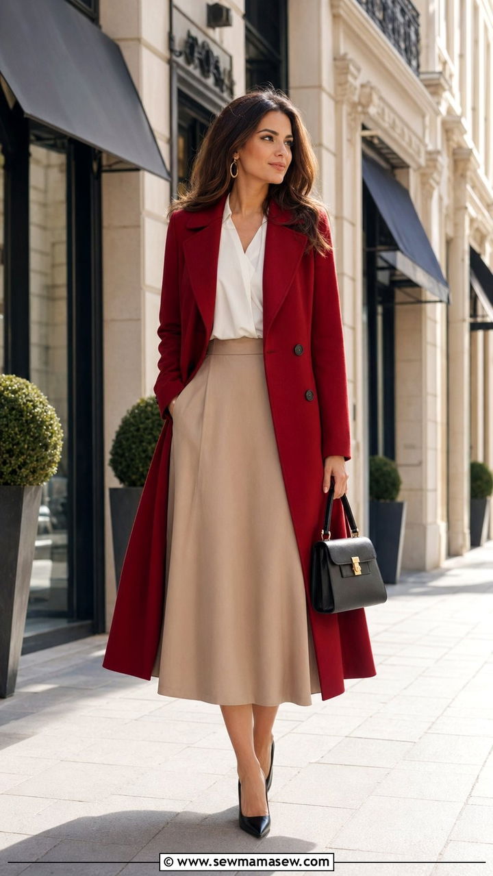 Red Longline Coat and Beige A Line Skirt Modest Outfit - 35 modest classy outfits aesthetic