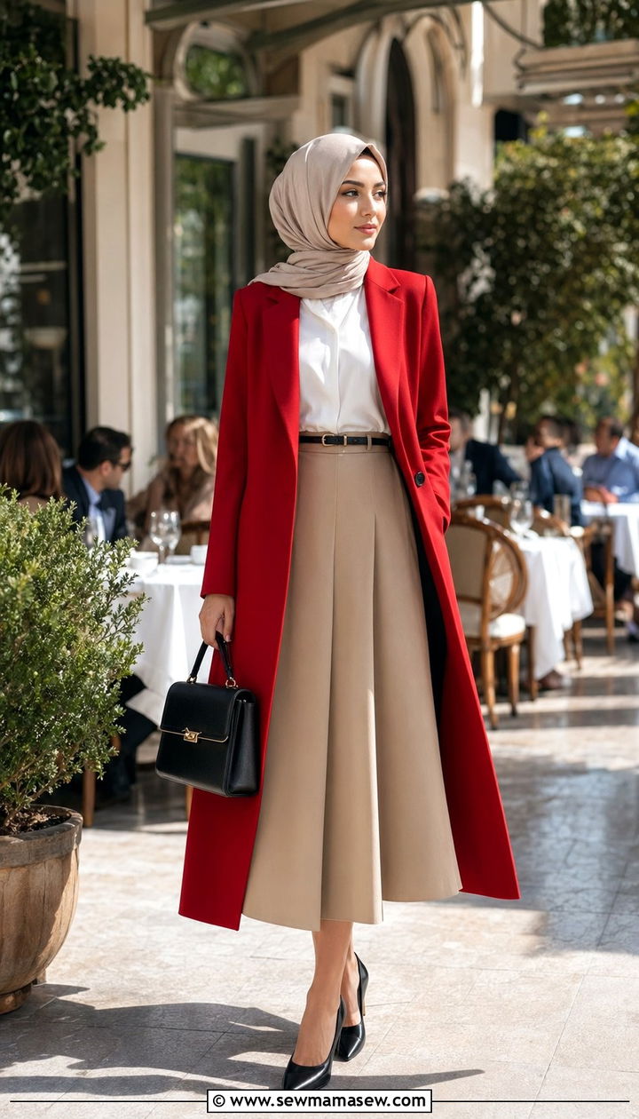 Red Longline Coat with Beige A Line Skirt - 35 modest classy outfits