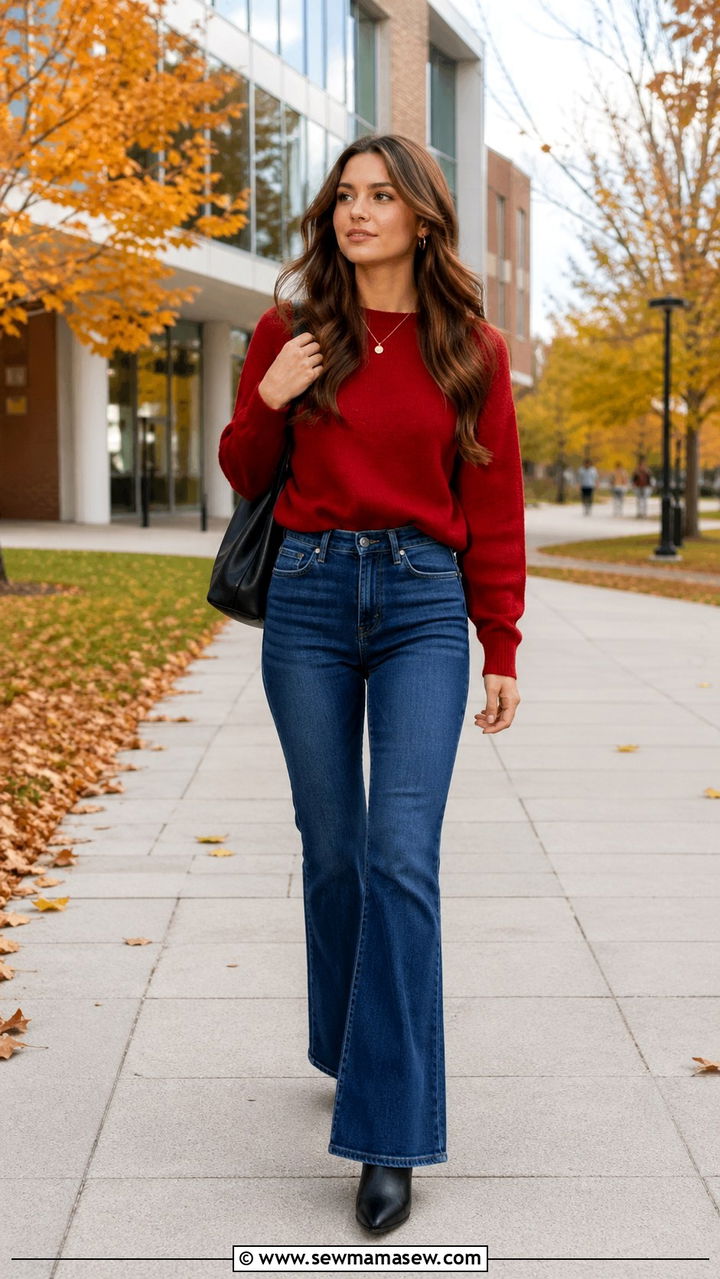 Red Sweater With Flared Jeans School Outfit - 30 school outfits inspo