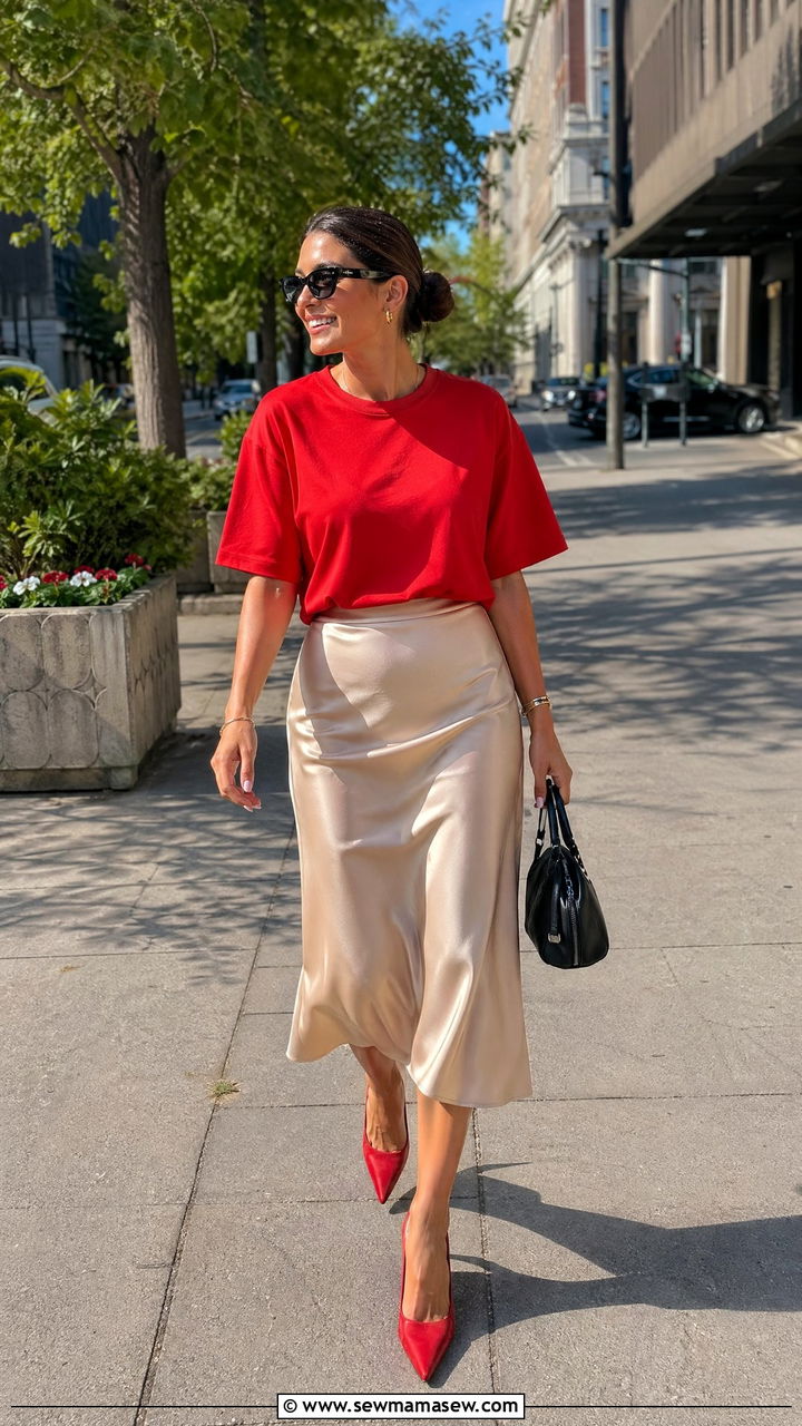 Red Tee and Satin Midi Skirt Spring Birthday - 35 Spring birthday outfit ideas
