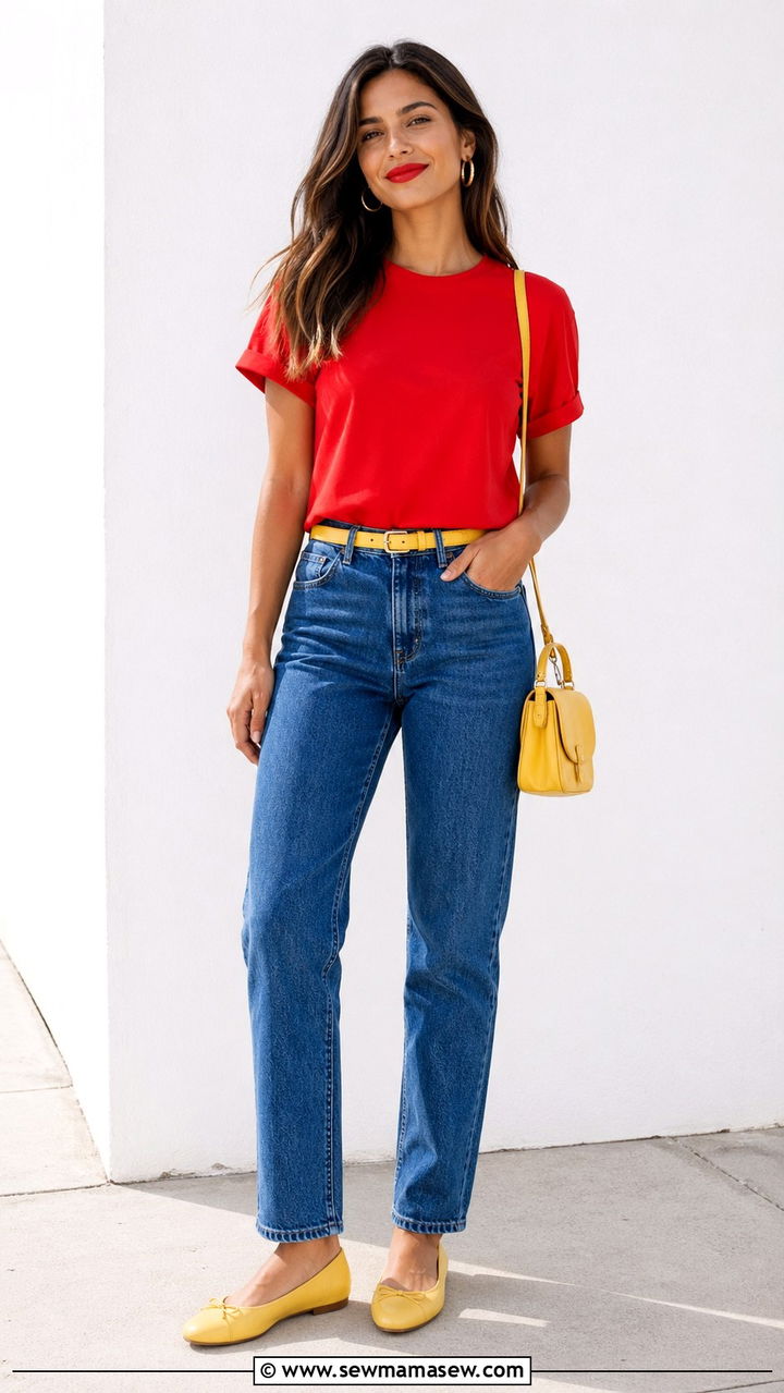 Red Top with Blue Jeans and Yellow Accessories - 30 spring color blocking outfit ideas