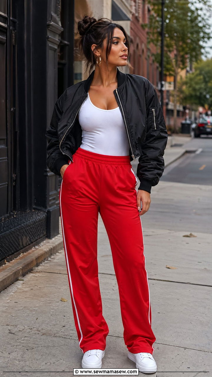 Red Track Pants With White Bodysuit - 35 track pants outfit ideas