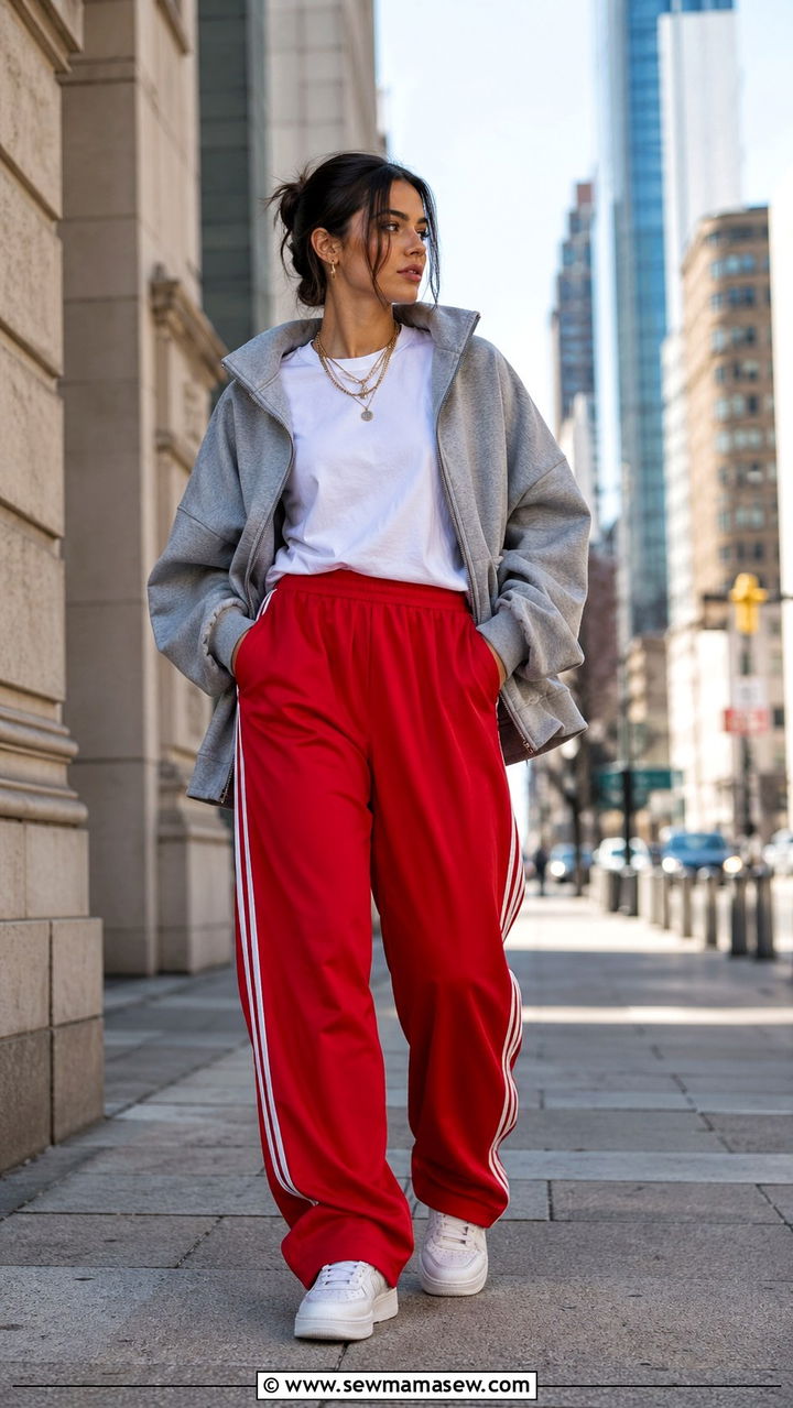 Red Track Pants With a Grey Oversized Jacket and Sneakers - 30 Sporty chic outfit ideas with sneakers