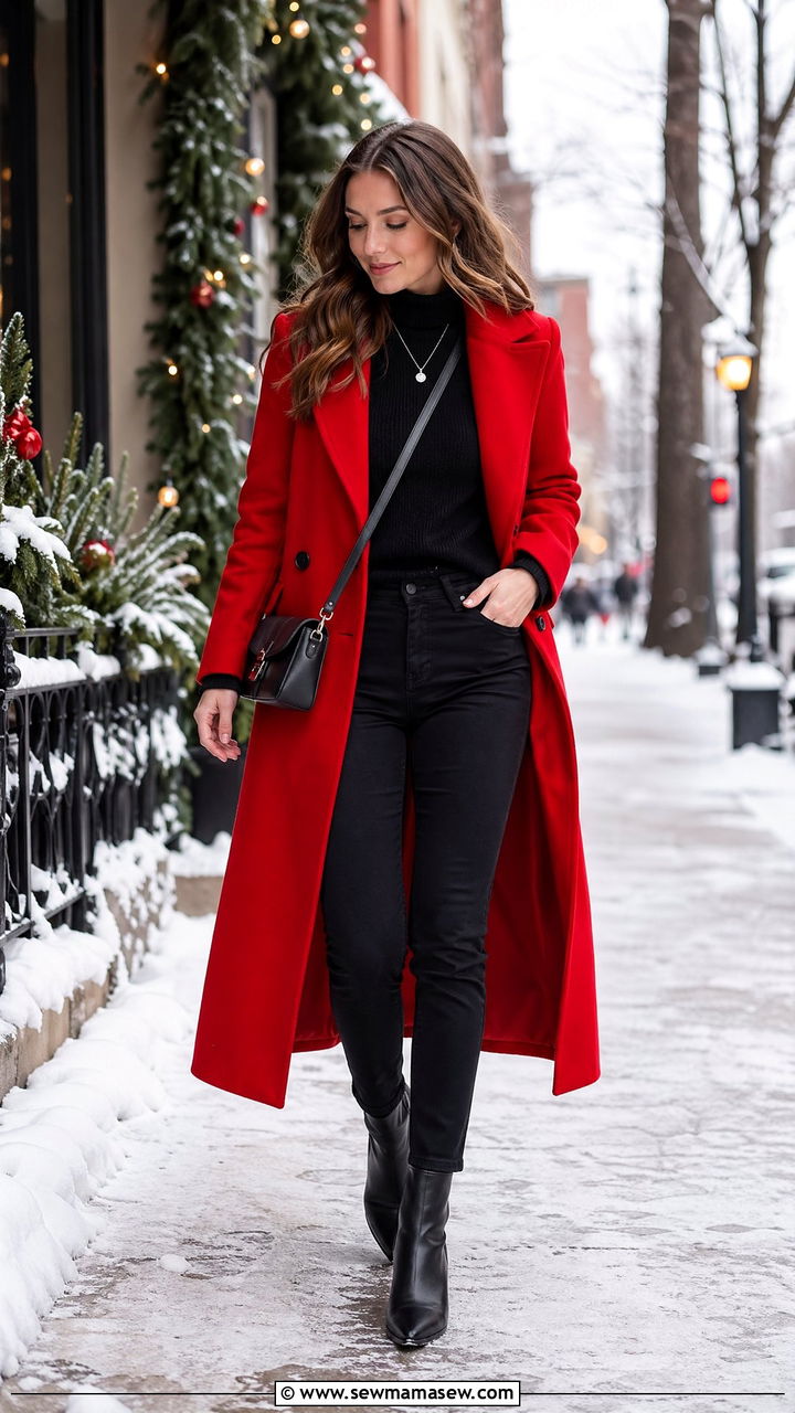 Red Wool Coat with an All Black Base - 35 Wool coat outfit ideas