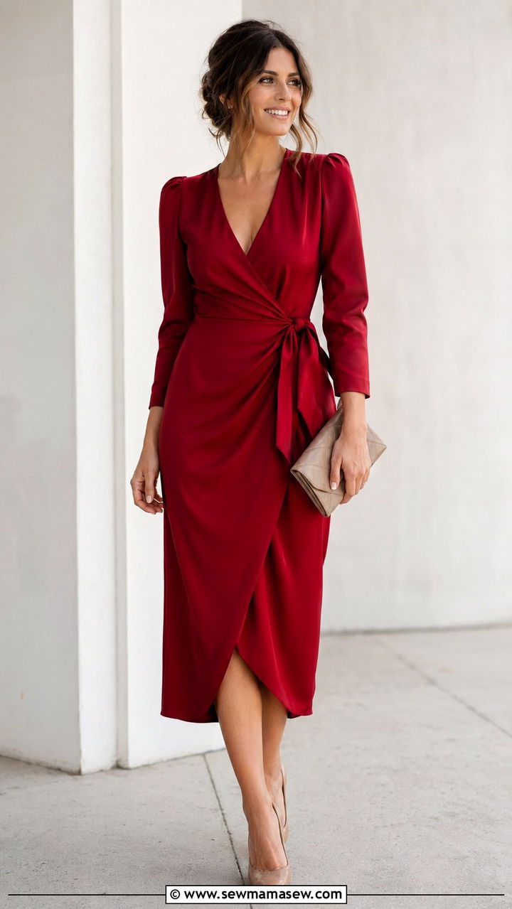 Red Wrap Dress With Nude Accessories - 30 wedding guest outfits ideas