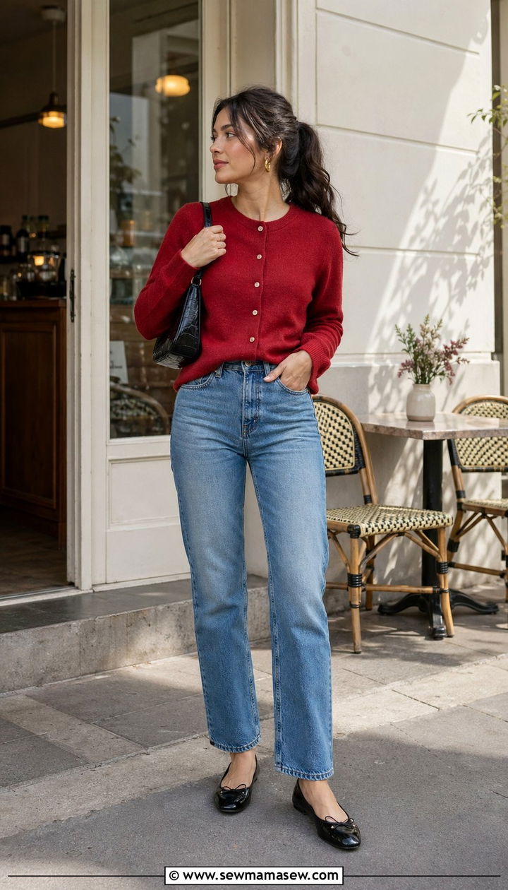 Red cardigan with straight leg jeans and a croc embossed bag - 35 Parisian cafe outfit ideas