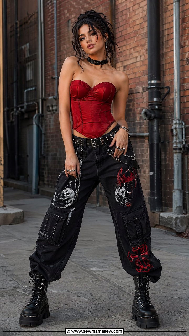 Red corset top and graphic cargo pants concert outfit - 35 cute concert outfits