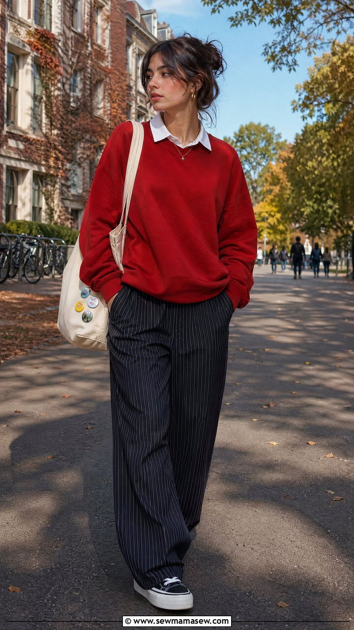 Red crewneck and pinstripe pants outfit - 35 cute school outfits