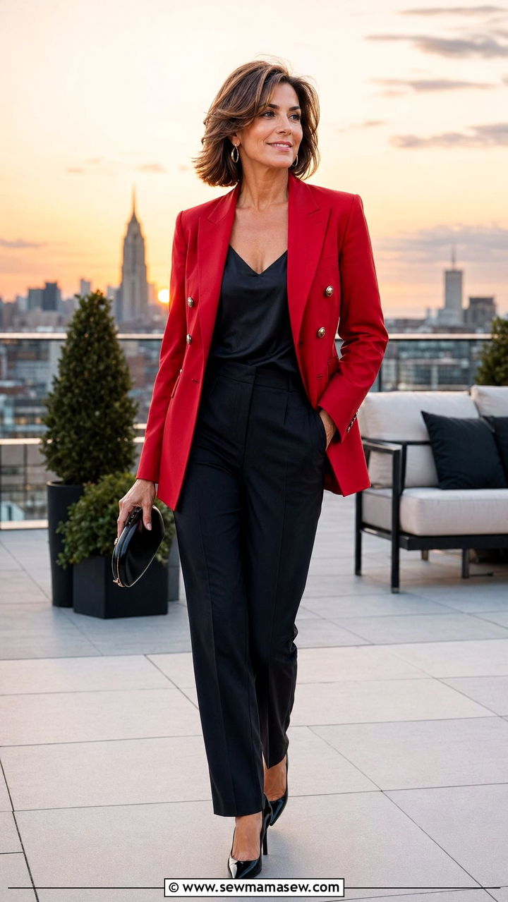 Red doublebreasted blazer with black trousers - 30 Best blazers for women over 50