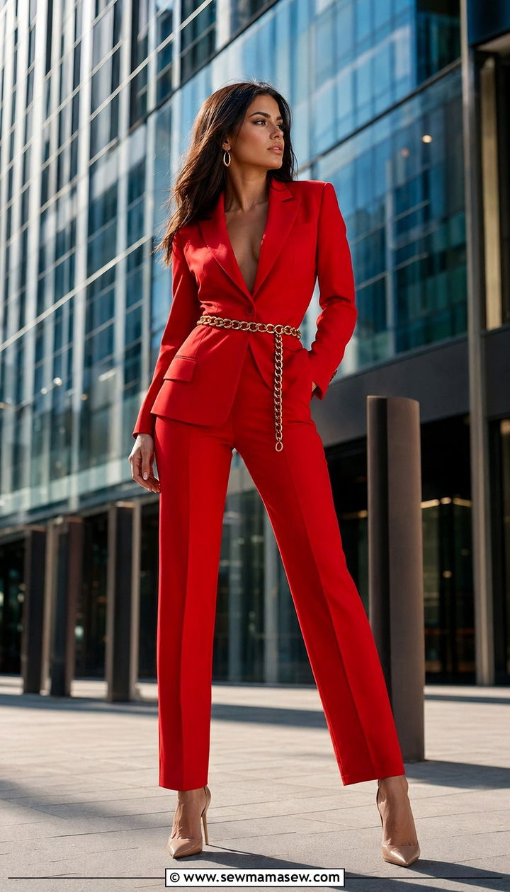 Red power suit with nude heels - 30 Birthday photoshoot outfit ideas