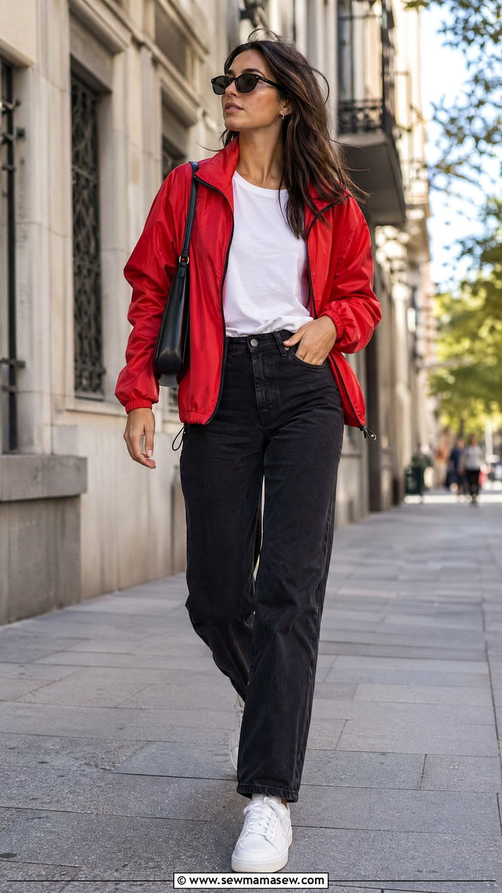 Red windbreaker with black straight leg jeans - 35 windbreaker outfits for women