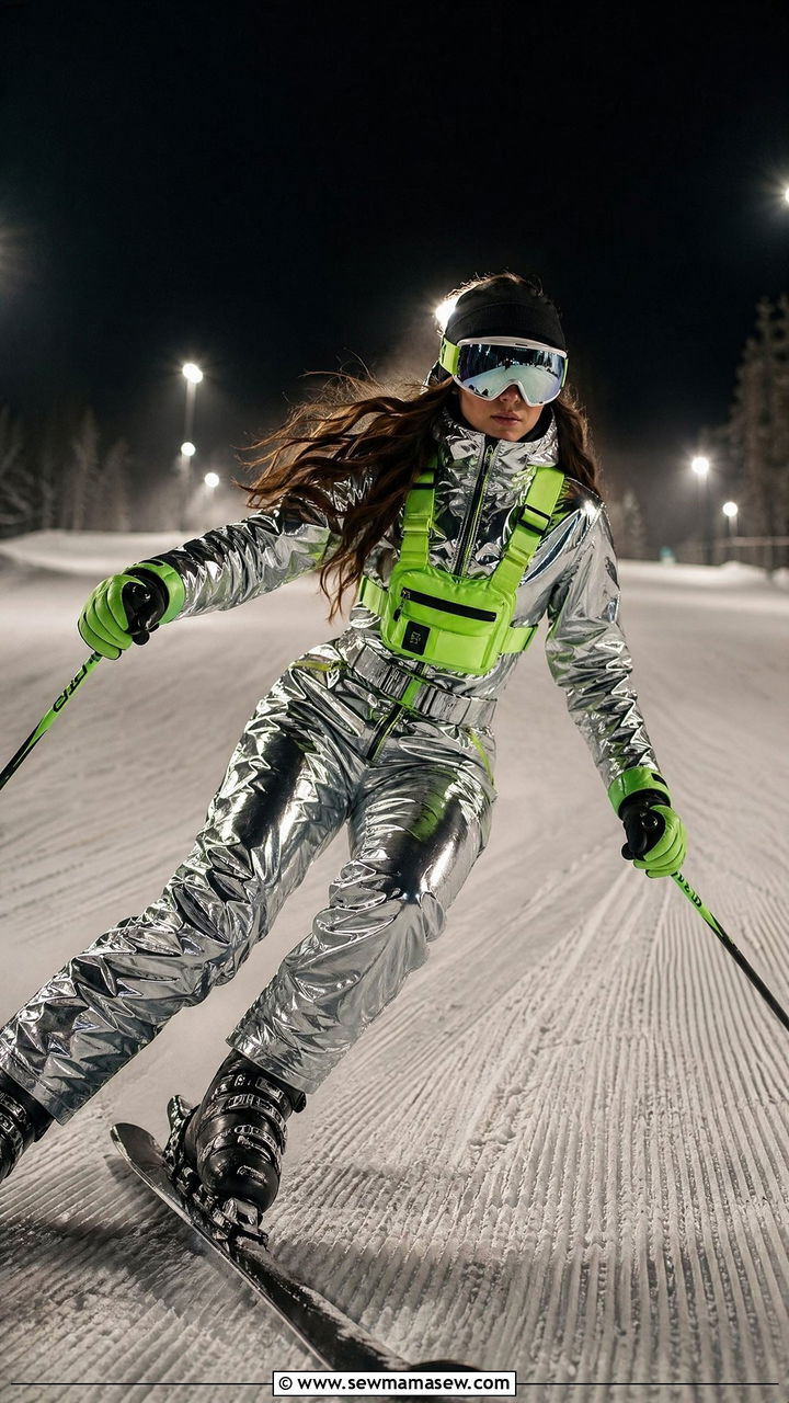 Reflective Full Body Ski Suit with Neon Accents - 35 Ski bunny outfit ideas