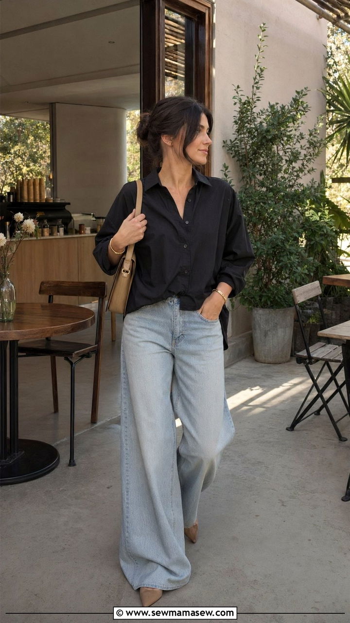 Relaxed Black Shirt and Wide Leg Jeans - 35 modest classy outfits