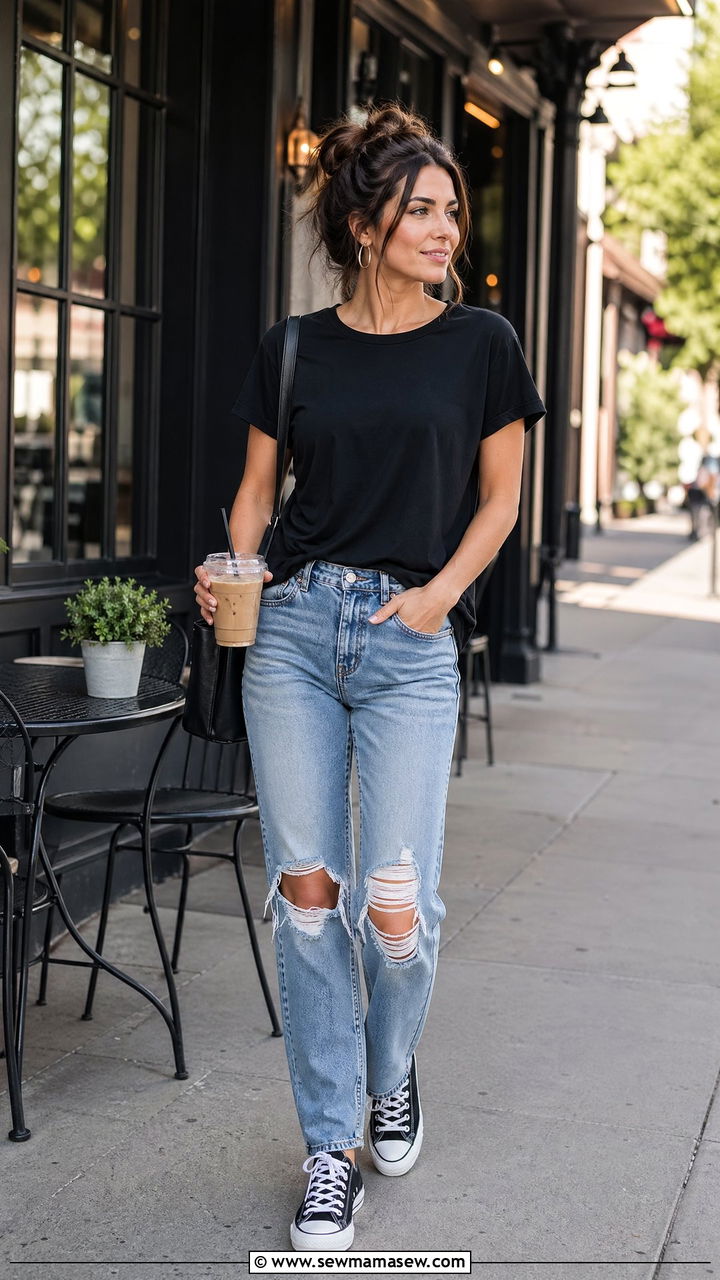 Relaxed Black Tee and Ripped Jeans Combo - 35 Spring outfits for stay at home moms