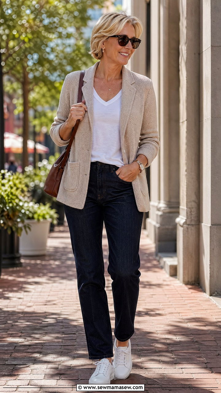 Relaxed Blazer With V Neck Tee And Dark Denim - 35 Classy outfits for women over 50