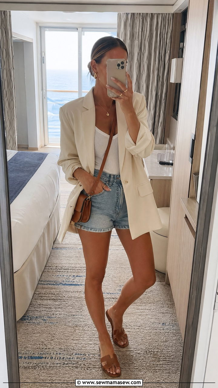 Relaxed Blazer and Denim Shorts - 35 classy cruise outfit ideas