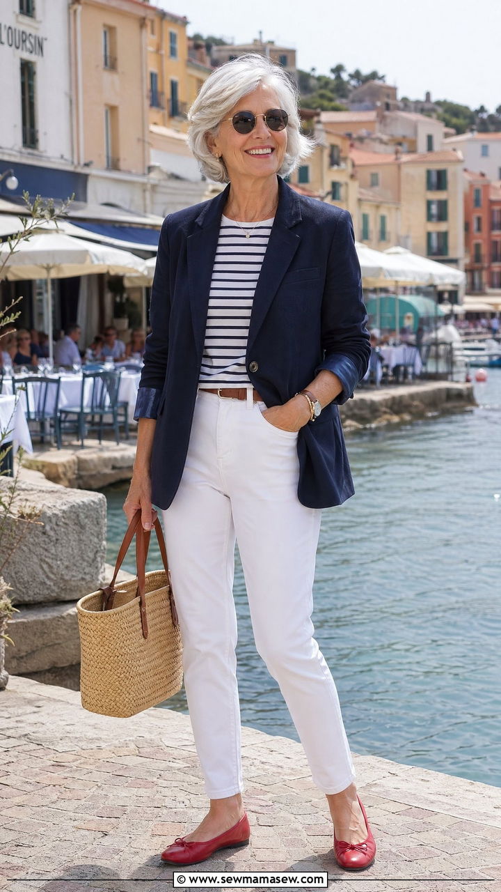 Relaxed Blazer with a Breton Tee and White Jeans - 35 Casual outfits for women over 60