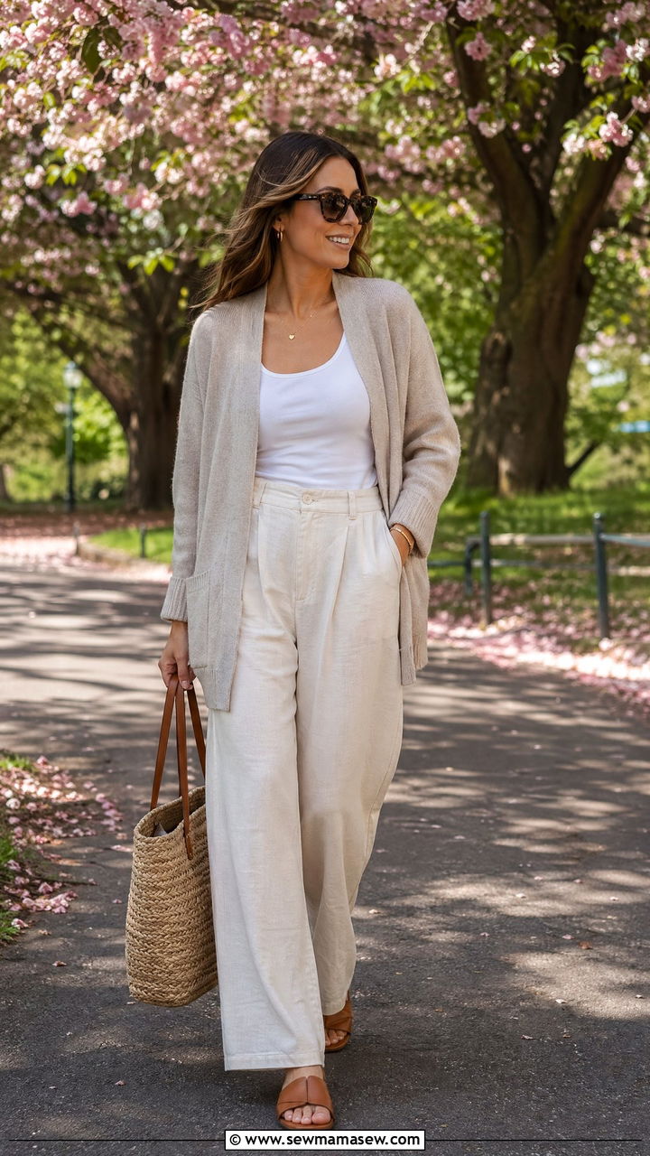 Relaxed Cardigan Layered Over a White Tank and Linen Trousers - 35 spring casual chic outfit ideas