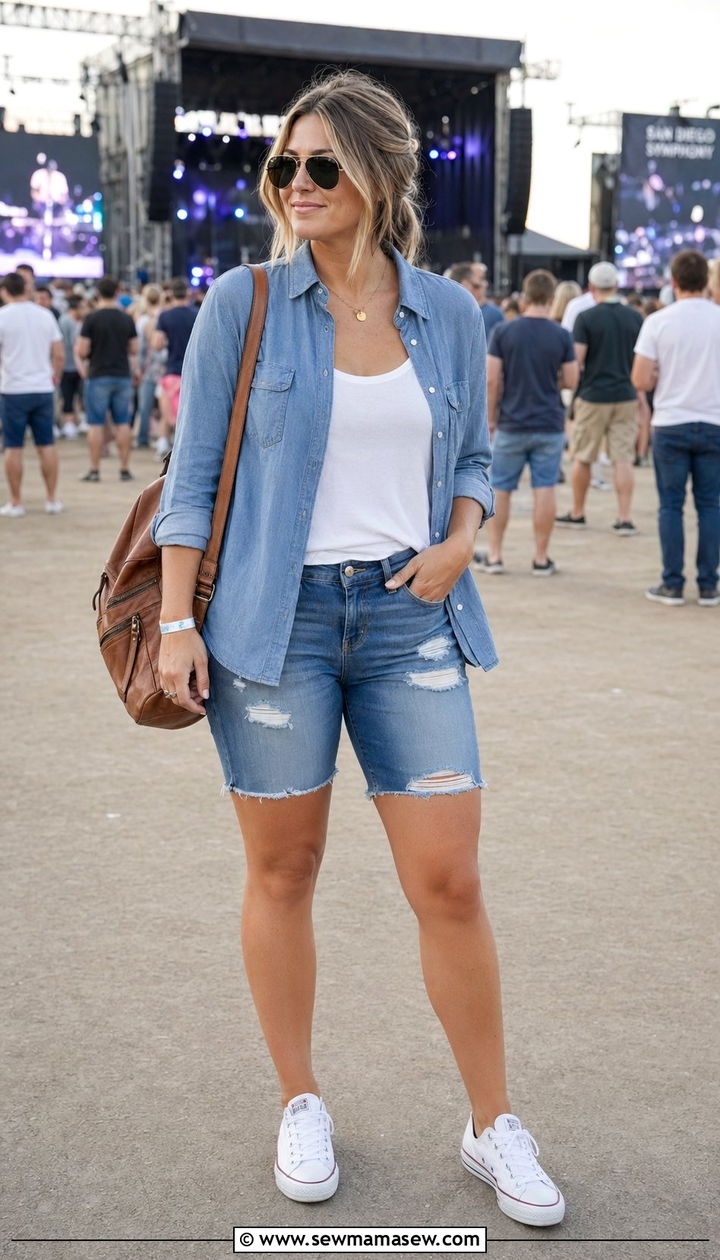 Relaxed Chambray Button Down With Distressed Denim Bermuda Shorts - 30 Bermuda shorts outfit ideas with a button down