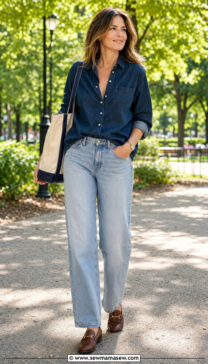 Relaxed Fit Jeans with a Denim Shirt Outfit for Women Over 40 - 30 Best pants for women over 40