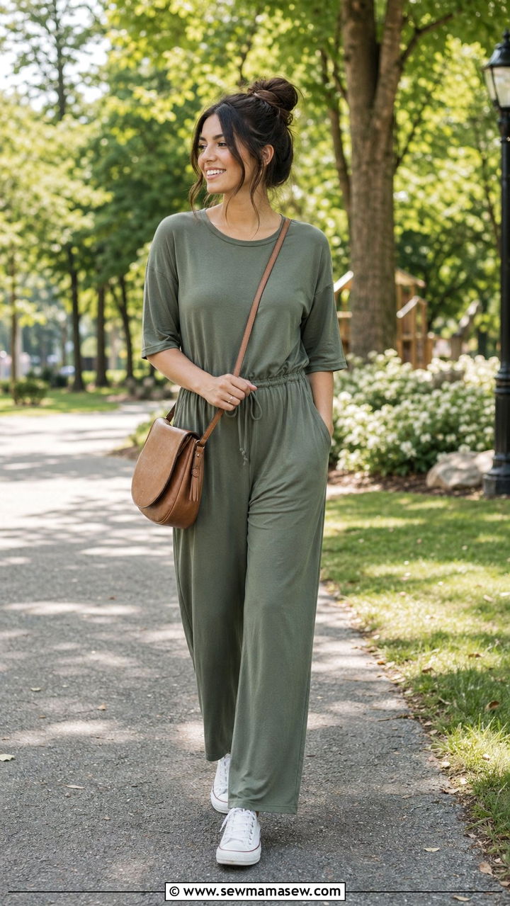 Relaxed Fit Jumpsuit With Canvas Sneakers - 35 Modest outfit ideas for moms