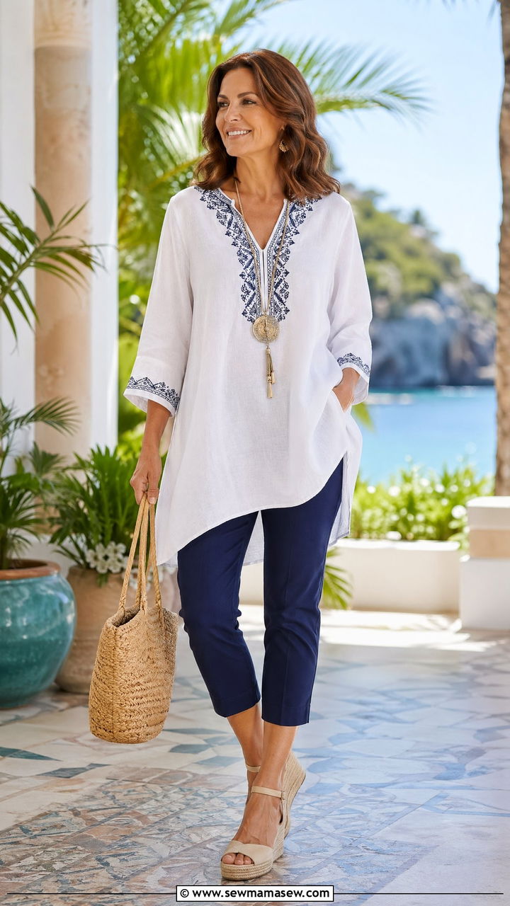 Relaxed Fit Tunic with Slim Capri Pants - 35 Summer outfits for women over 40