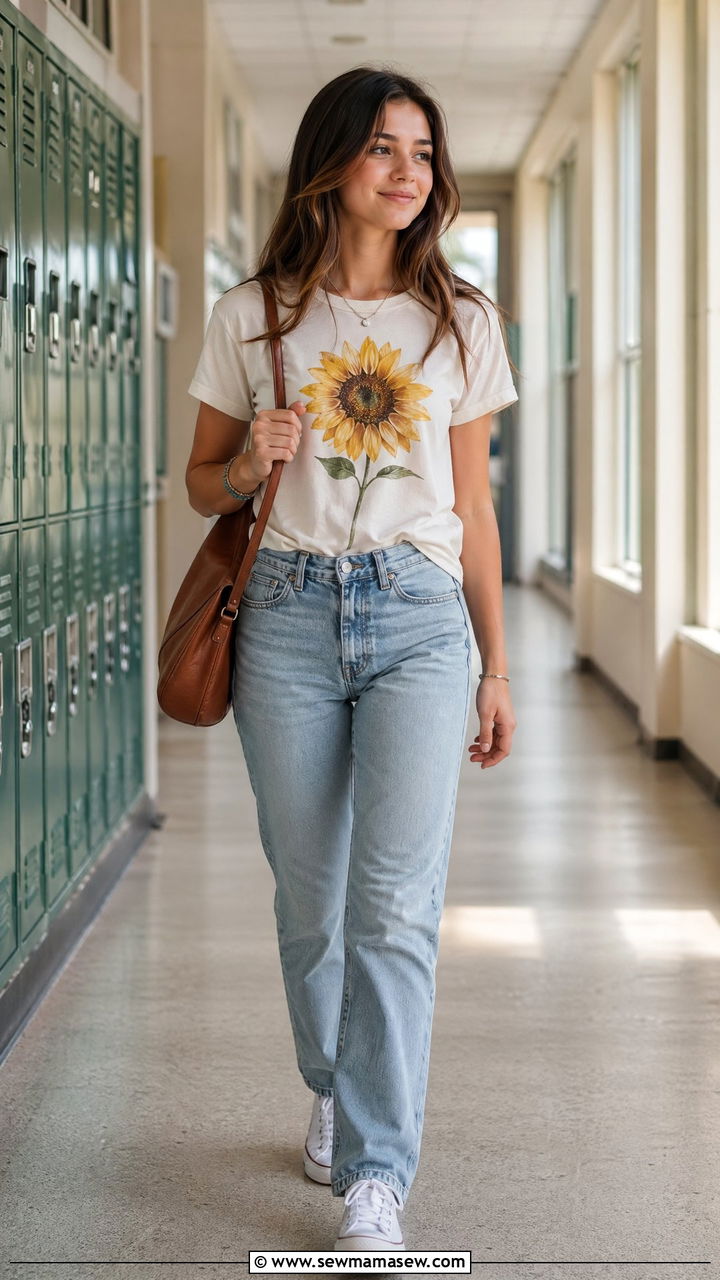 Relaxed Graphic Tee With Vintage Wash Jeans - 35 spring school outfit ideas