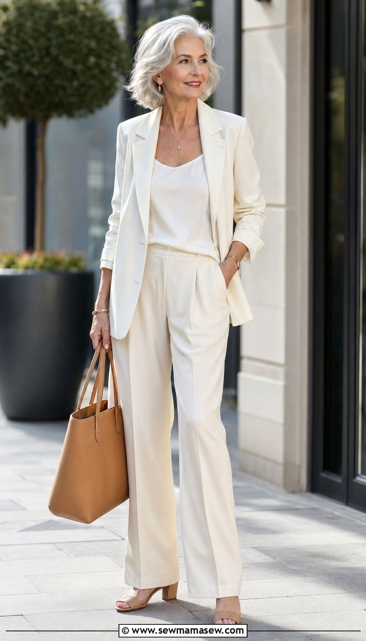 Relaxed Ivory Blazer with Wide Leg Trousers - 35 Outfit ideas for women over 70 2026