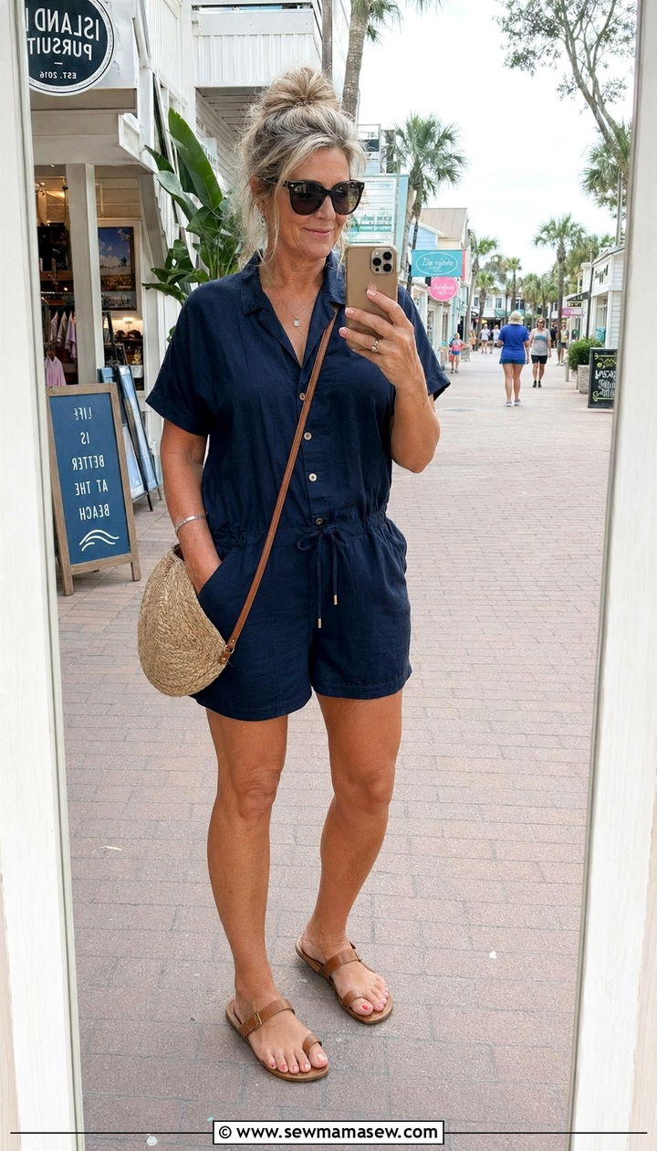 Relaxed Romper With Straw Bag - 30 Beach vacation outfits for women over 40