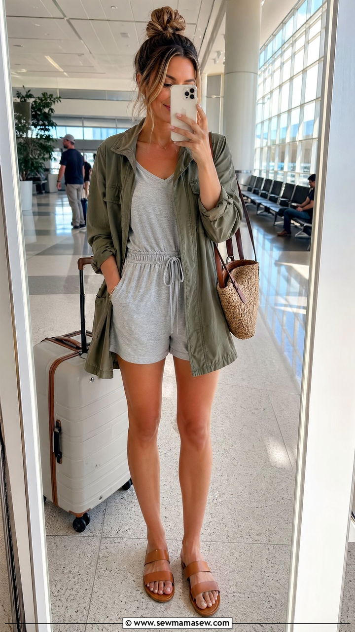 Relaxed Romper With a Lightweight Jacket - 35 spring airport outfit ideas