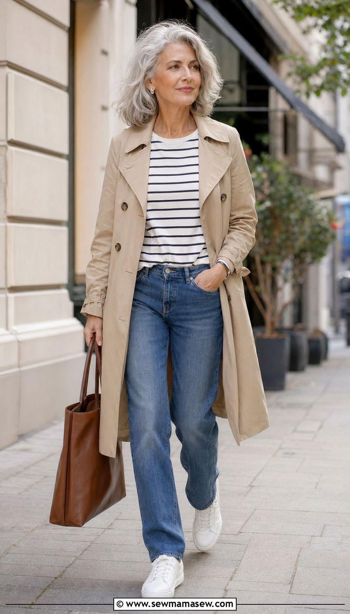 Relaxed Straight Jeans With Striped Tee And Trench Coat - 30 Best jeans for women over 50
