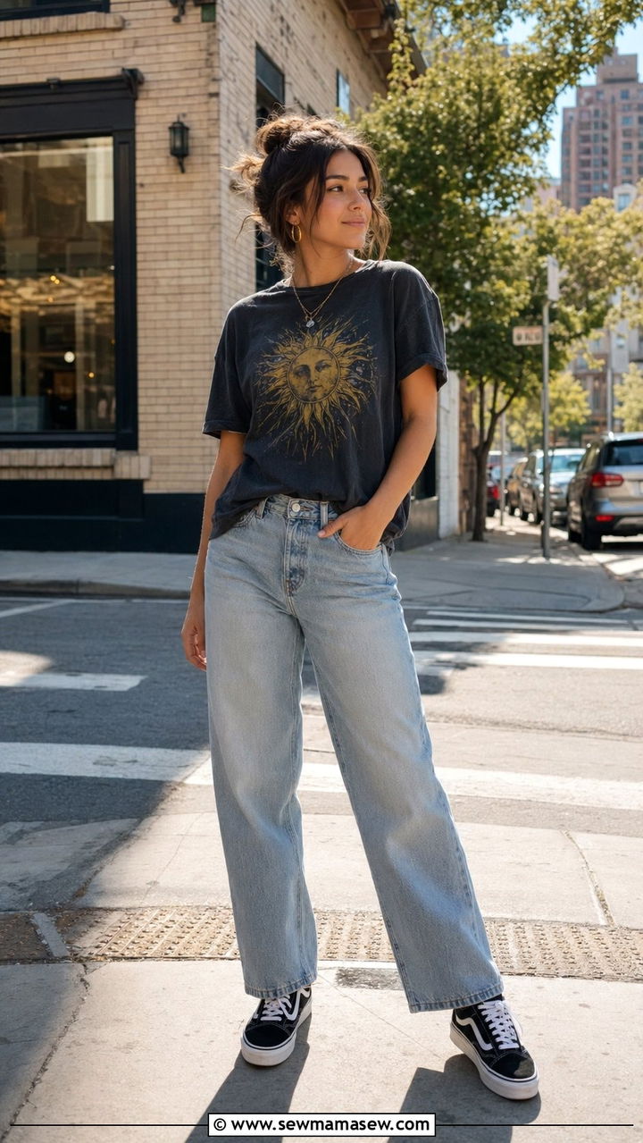 Relaxed Straight Leg Jeans With A Graphic Tee And Classic Vans - 30 Best jeans for petite women