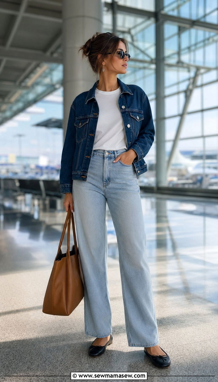 Relaxed Straight Leg Jeans With Lightweight Denim Jacket And Ballet Flats - 30 airport outfits inspo