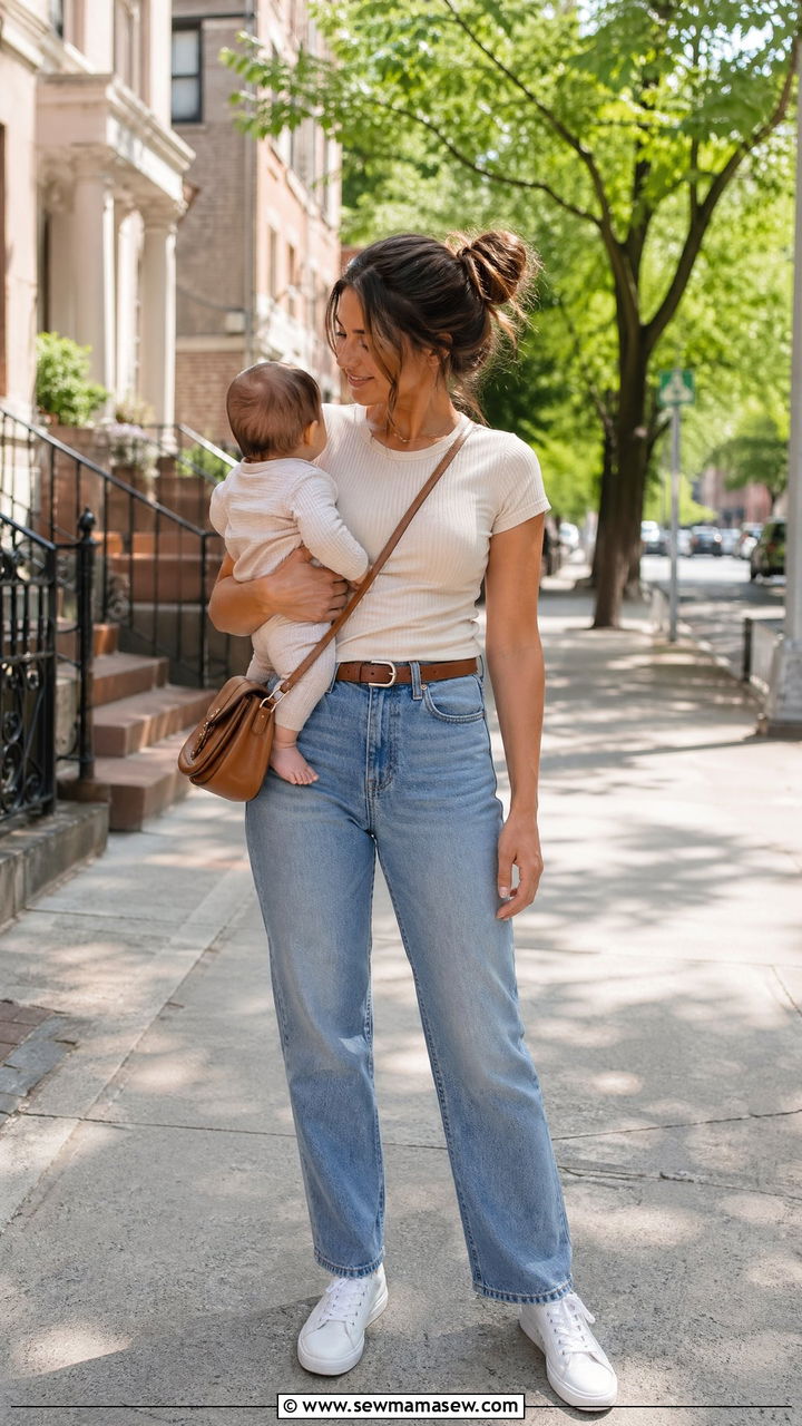 Relaxed Straight Leg Jeans with Fitted Ribbed Tee Outfit - 35 casual outfits for new moms